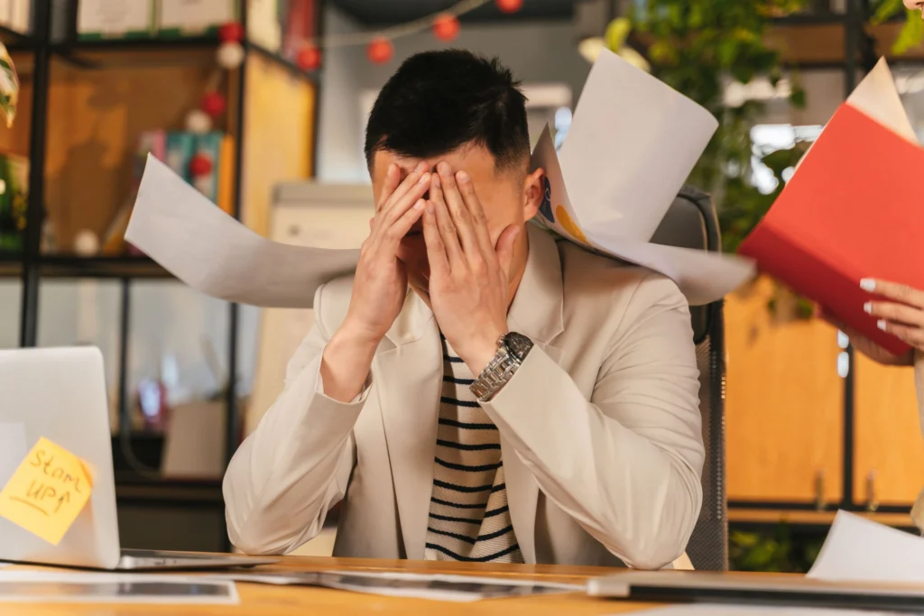 Employee practicing mindfulness at workplace Work stress management and burnout prevention Team leader supporting employee wellbeing