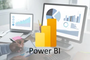 Power BI report with visual charts and KPIs on a laptop screen