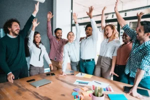 Employees showing high morale and collaboration